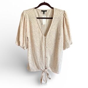 Californian Stitch-Oatmeal V-neck Blouse with Tie-Front-NWT